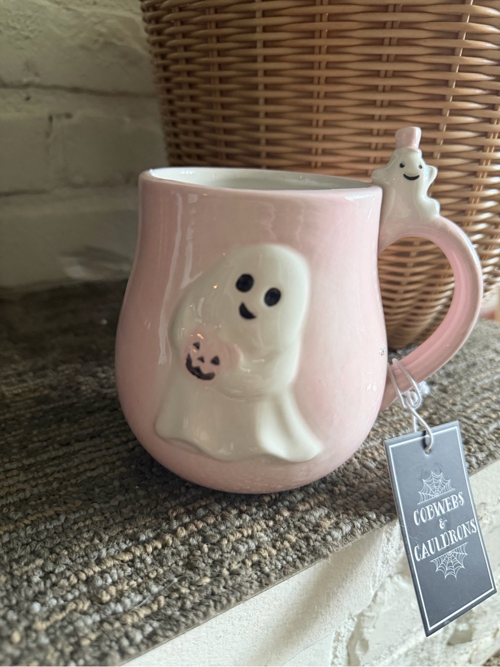 Pink Ghost Ceramic Mug with Pumpkin Accent - Home Dining